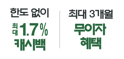 한도 없이 최대 1.7% 캐시백 | 최대 3개월 무이자 혜택