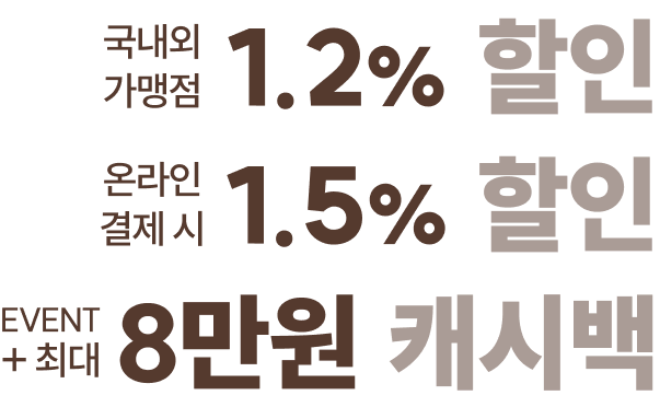 국내외가맹점 1.2% 온라인결제 시 1.5% EVENT + 최대 8만원 캐시백